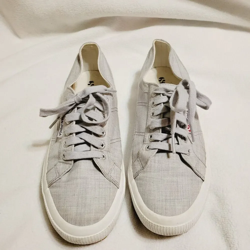 Superga grey linen lace up low top sneakers Size 39.5 womens Minimal Coastal